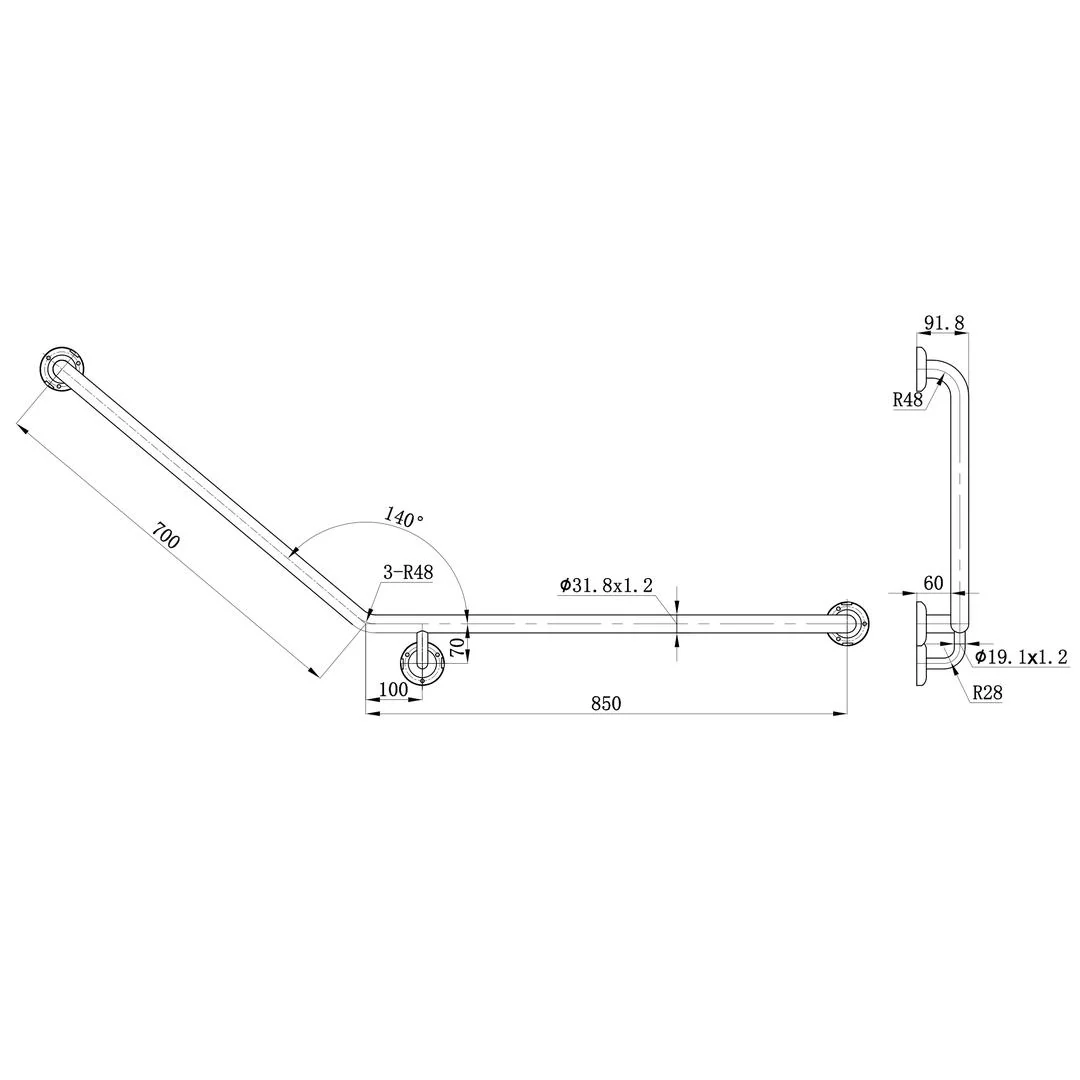 Linsol 850 x 700mm Stainless Steel Grab Rail Left Hand Angle - Brushed Stainless - Image 2