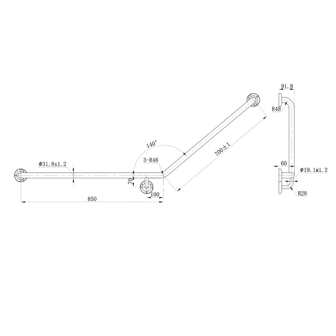 Linsol 850 x 700mm Stainless Steel Grab Rail Right Hand Angle - Brushed Stainless - Image 2