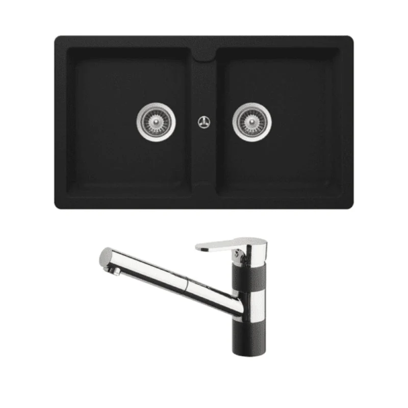 Abey Schock Typos Double Bowl & 400710B Pull Out Kitchen Mixer - Onyx