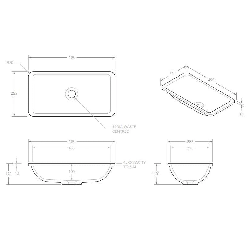 ADP Hope 495mm x 255mm x 120mm Undermount Solid Surface Basin - Image 2