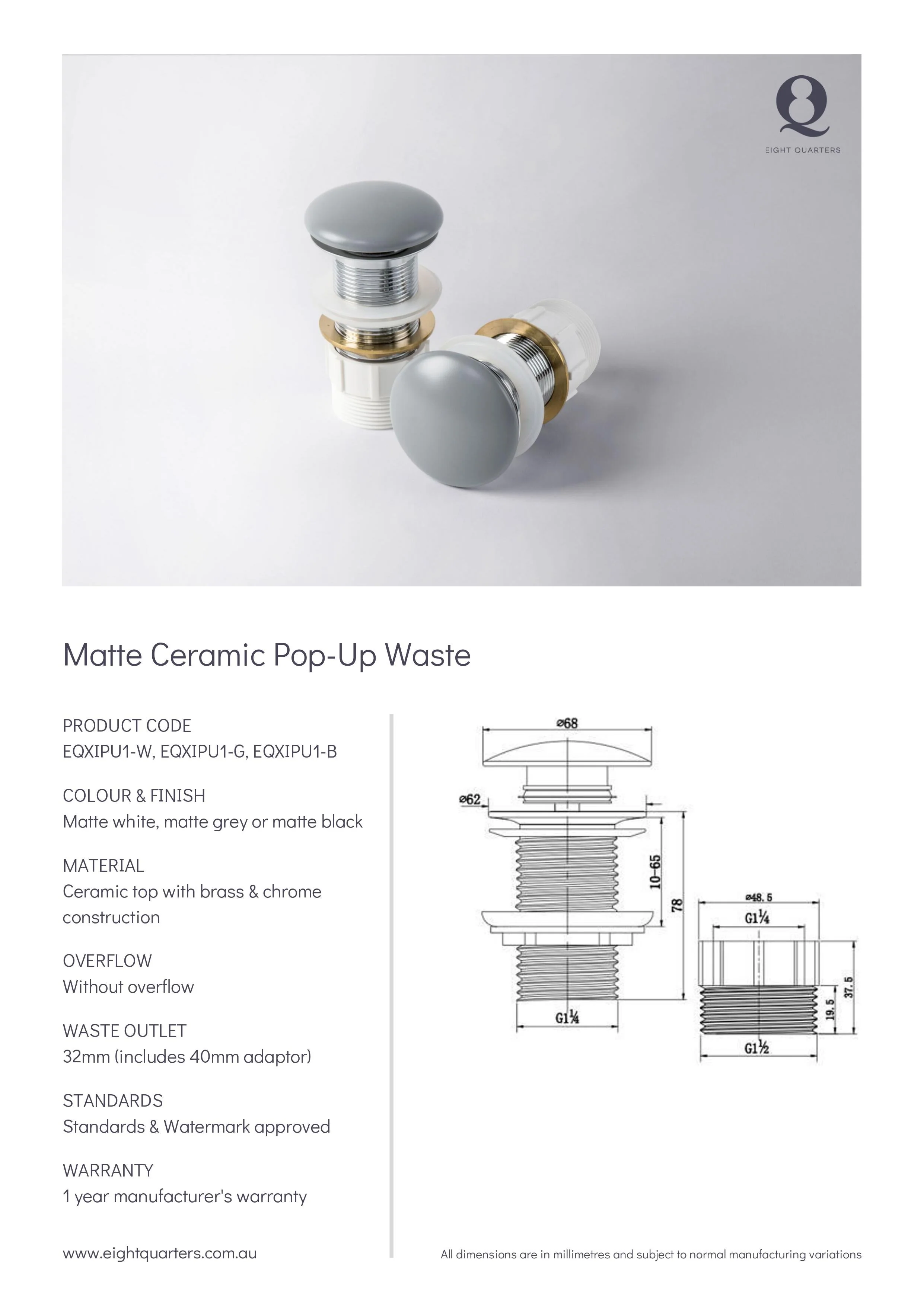 Eight Quarters Ceramic Pop-up Waste - White Matte - Image 2