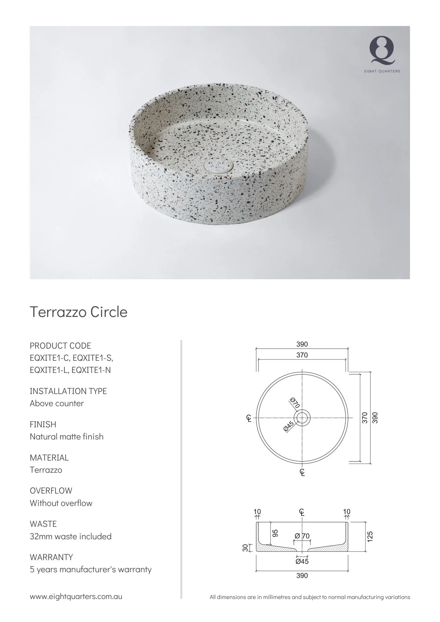 Eight Quarters Terrazzo Circle Como Basin & Waste - Image 3