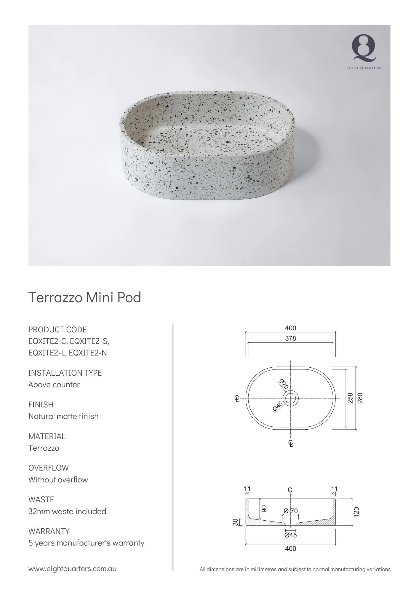 Eight Quarters Terrazzo Mini Pod Siena Basin & Waste - Image 2