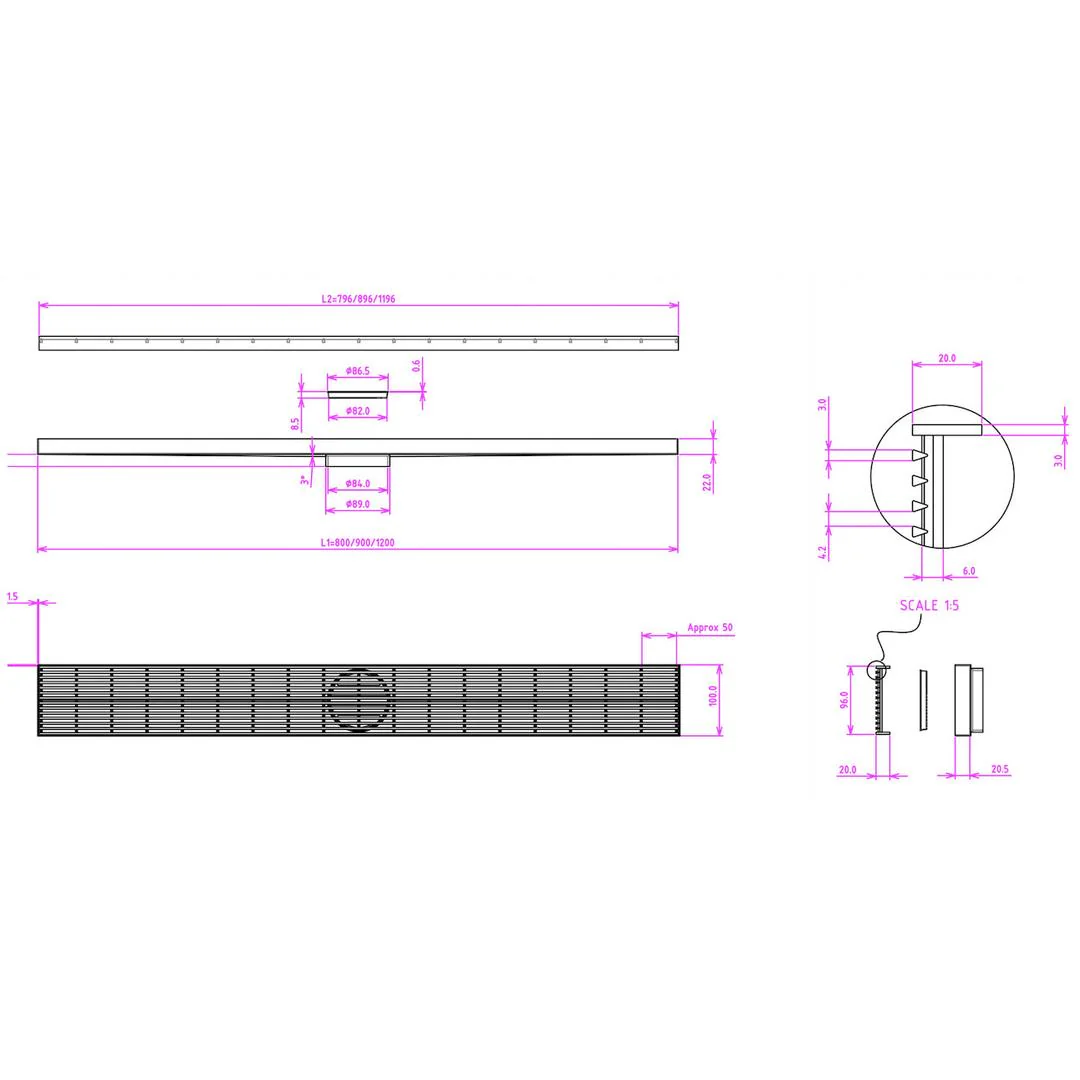 Linsol Ezyflow 1200mm Heelguard Linear Waste DN89 - Brushed Brass - Image 4
