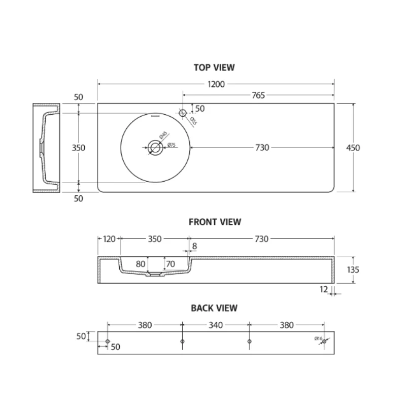 Fienza Encanto 1200 Solid Surface Wall-Hung Basin - Left-Hand Bowl - Image 3