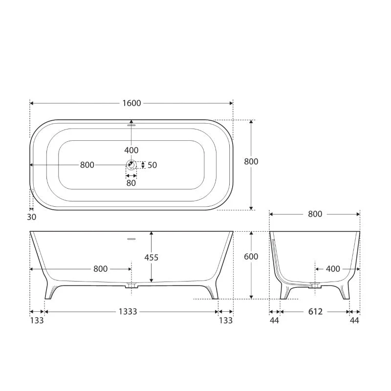 Fienza Hampton Solid Surface Bath 1600mm - White Matte - Image 4