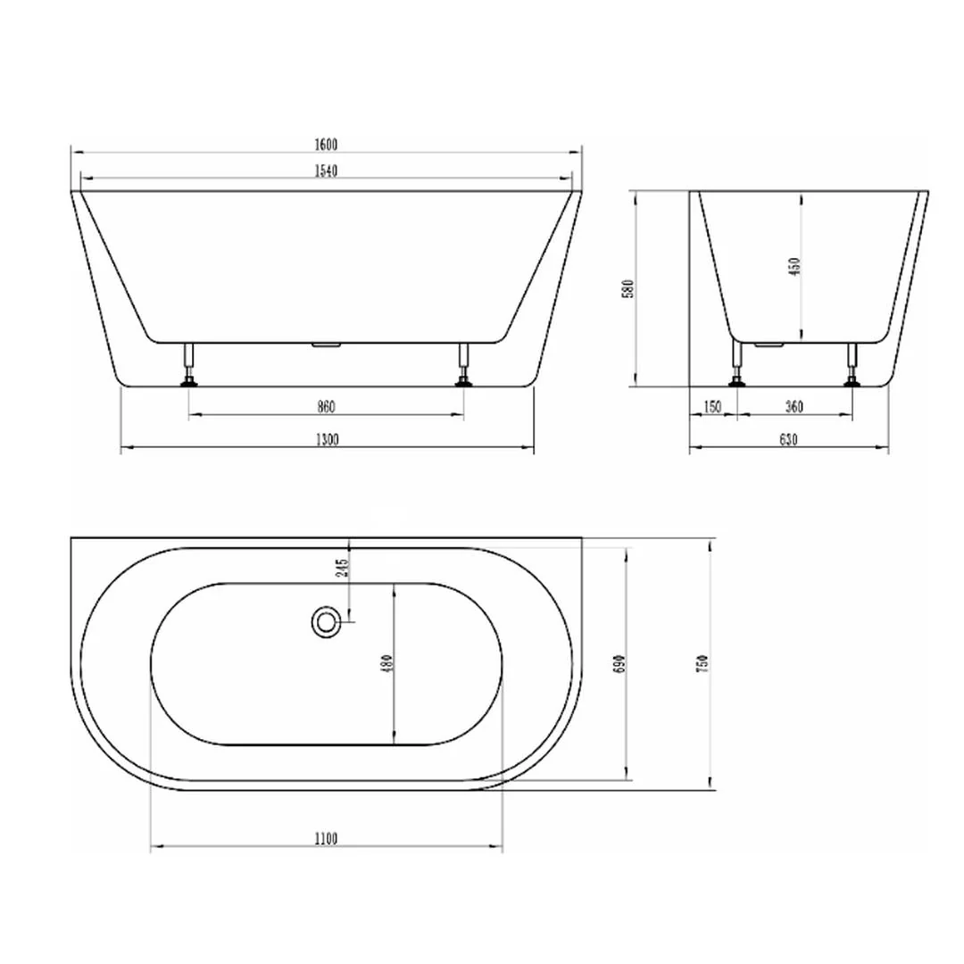 Linsol Idalia 1600mm Back to Wall Bath - Gloss White - Image 2