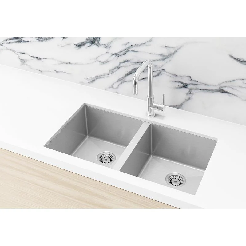 Meir Lavello Kitchen Sink Double Bowl 760 x 440 - PVD Brushed Nickel