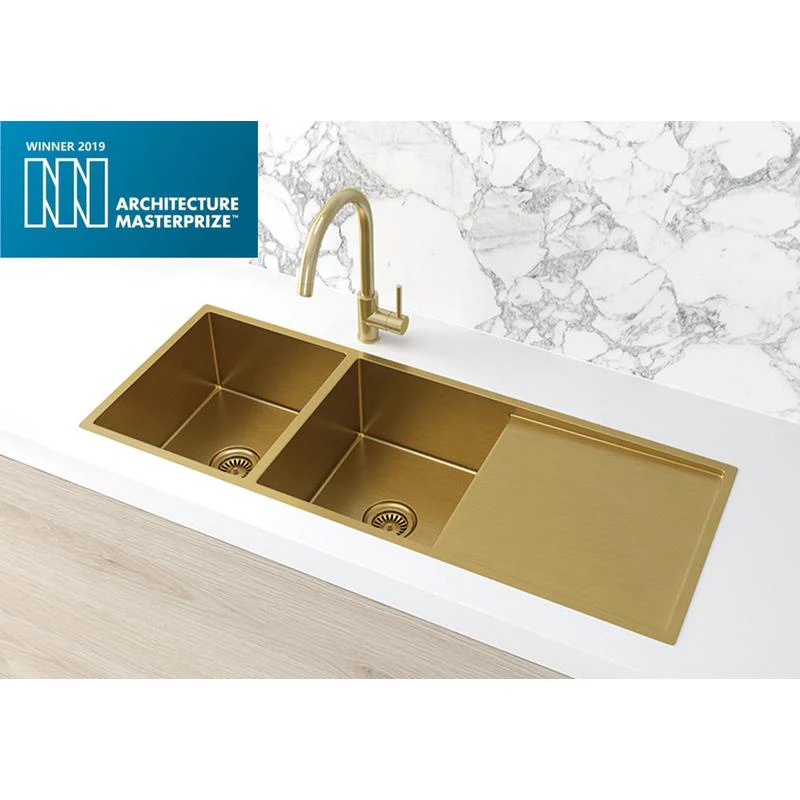 Meir Lavello Kitchen Sink Double Bowl & Drainboard 1160 x 440 - Brushed Bronze Gold