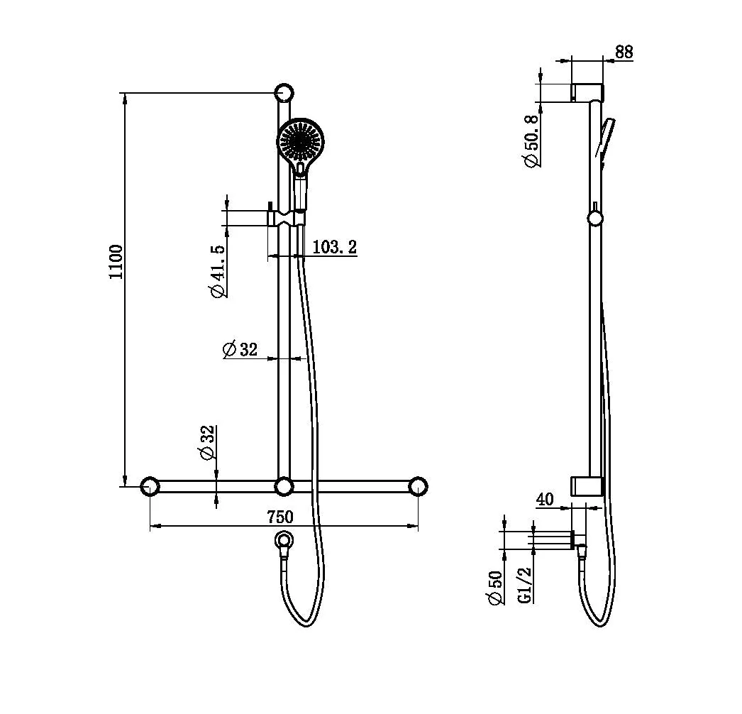 Nero Mecca Care 32mm T Bar Grab Rail And Adjustable Shower Set 1100x750mm - Black Matte - Image 2