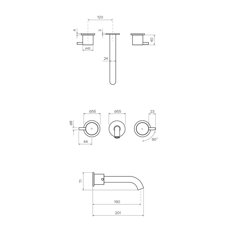 Parisi Envy II Wall Basin/Bath Set with 190mm Spout - Brushed Brass - Image 2