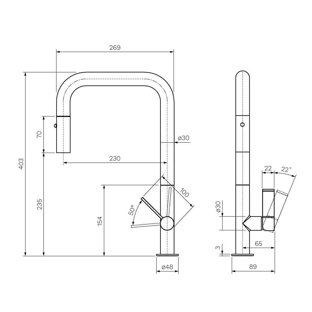 Parisi Ergo 30 Kitchen Mixer with Square Spout and Pull Out Spout - Brushed Brass - Image 2