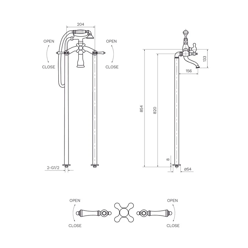 Parisi Hermitage Bath Filler Pewter with Hand Shower (Cross Handle) - Image 2