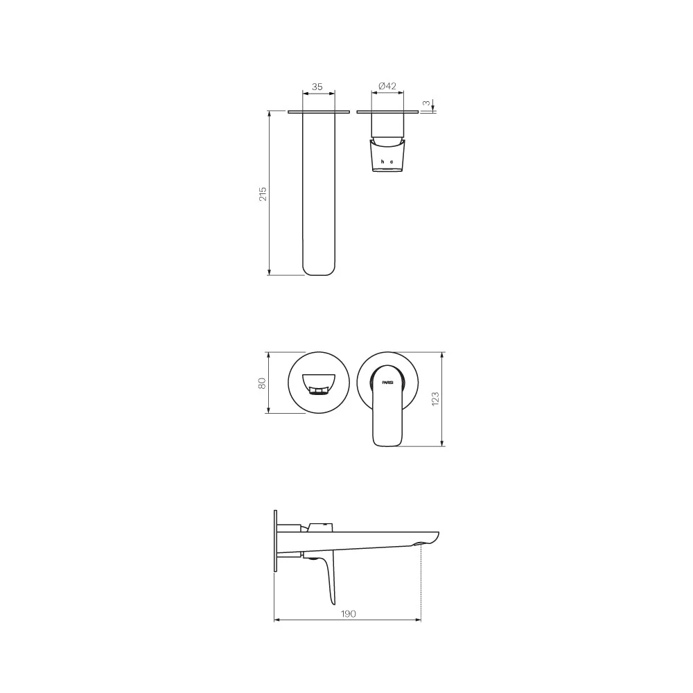 Parisi Slim II Wall Mixer with 190mm Spout (Individual Flanges) - Chrome - Image 2