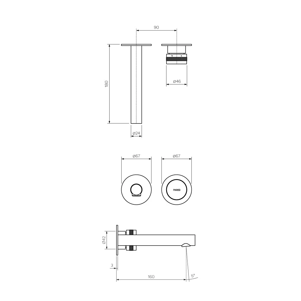 Parisi Todo II Wall Mixer with 160mm Spout (Individual Flanges) - Matt Bronze - Image 2