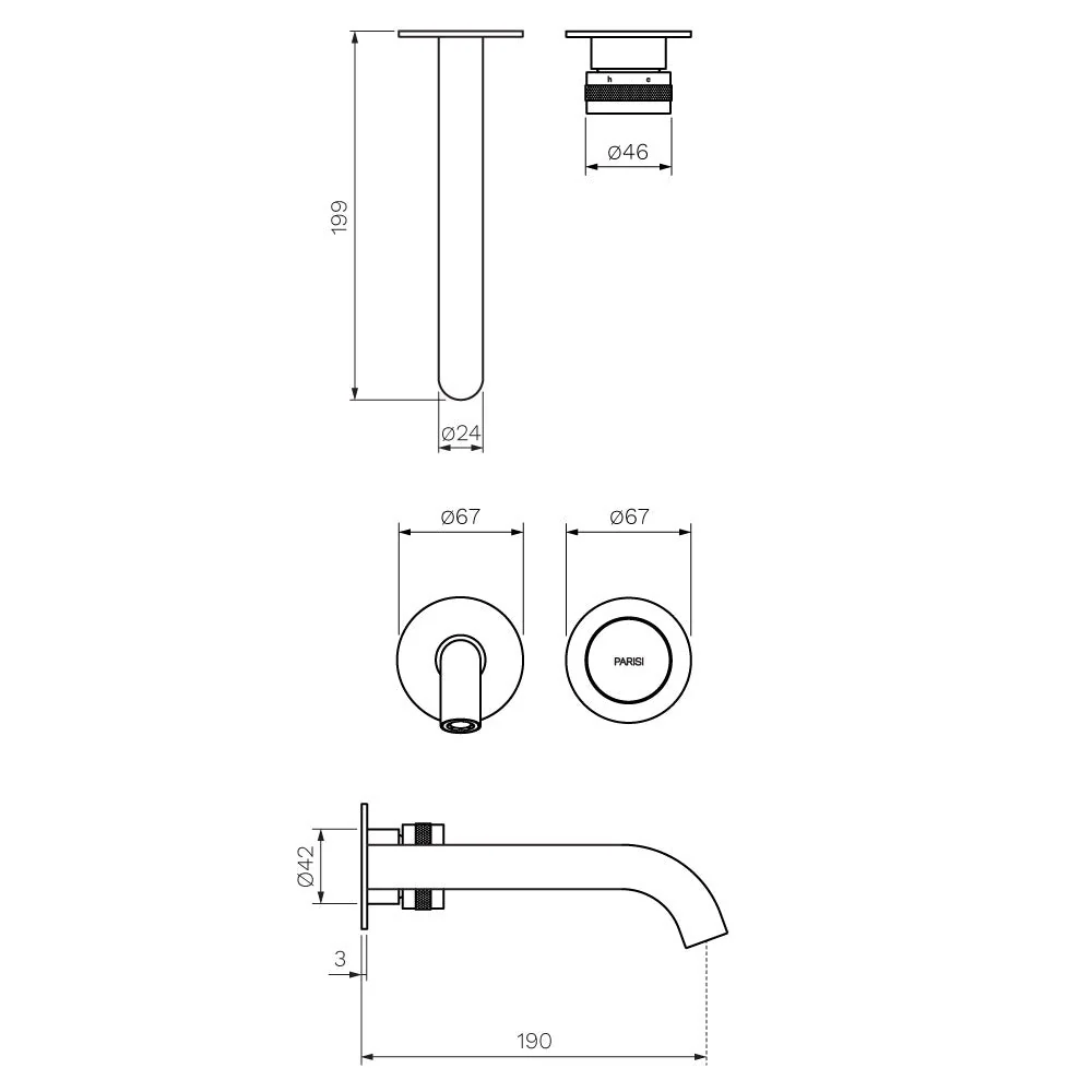 Parisi Todo II Wall Mixer with 190mm Curved Spout (Individual Flanges) - Brushed Brass - Image 2