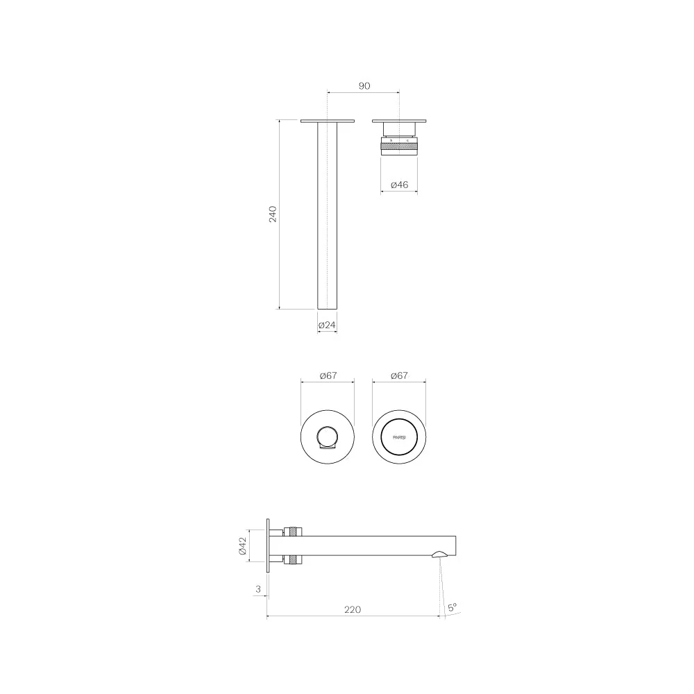 Parisi Todo II Wall Mixer with 220mm Spout (Individual Flanges) - Matt Black - Image 2