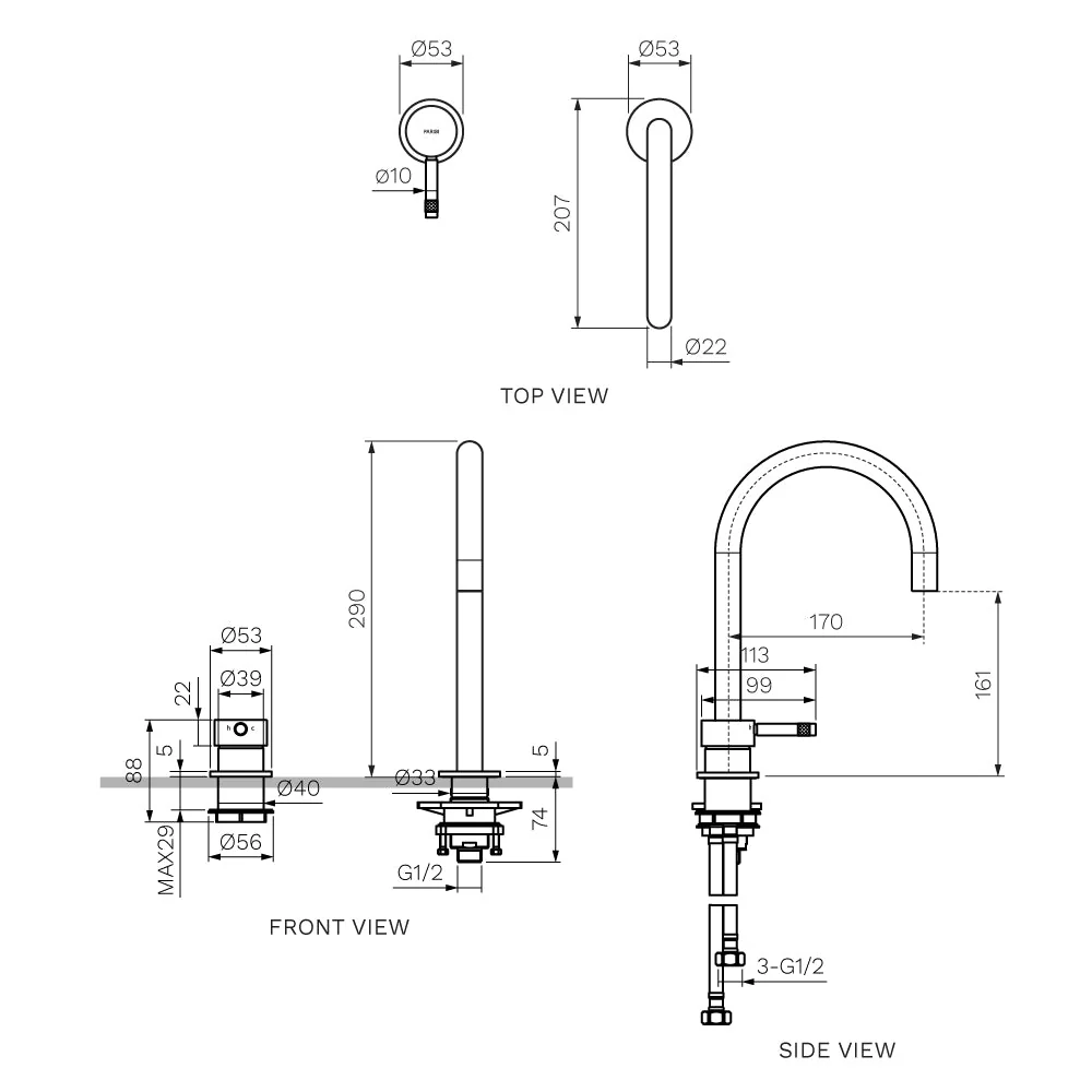 Parisi Tondo II Hob Mixer with Round Swivel Spout - Chrome - Image 2