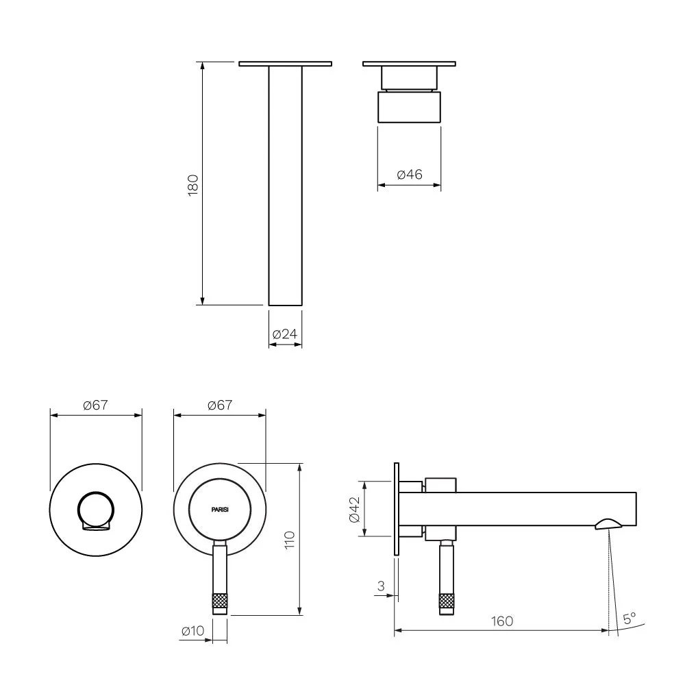 Parisi Tondo II Wall Mixer with 160mm Spout (Individual Flanges) - Brushed Brass - Image 2