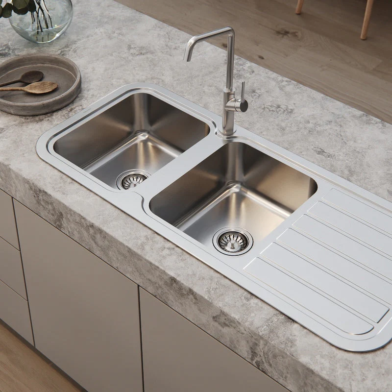 Phoenix 1000 Series Double Left Hand Bowl Kitchen Sink with Drainer - Stainless Steel - Image 3
