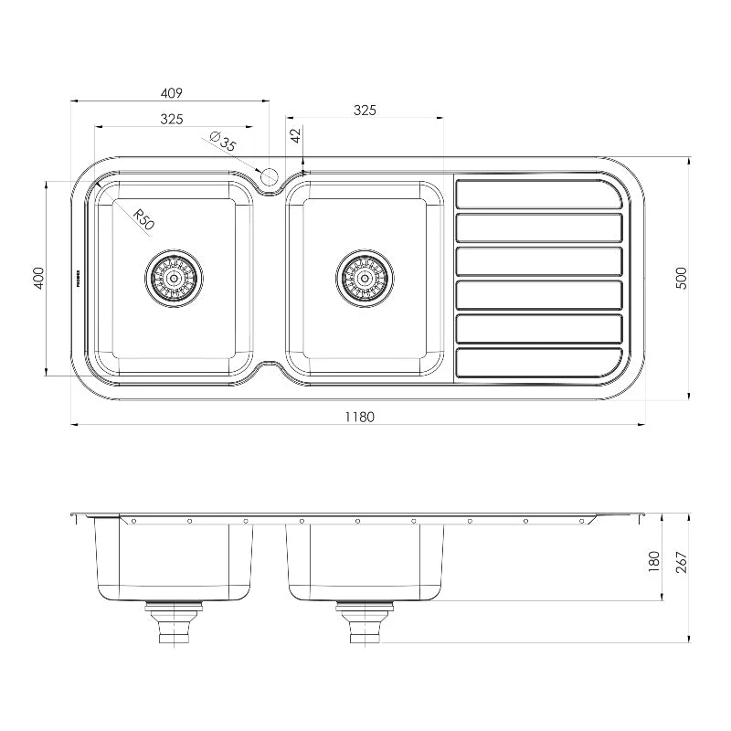 Phoenix 1000 Series Double Left Hand Bowl Kitchen Sink with Drainer - Stainless Steel - Image 4