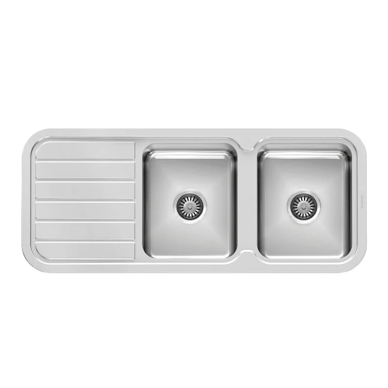 Phoenix 1000 Series Double Right Hand Bowl Kitchen Sink with Drainer - Stainless Steel