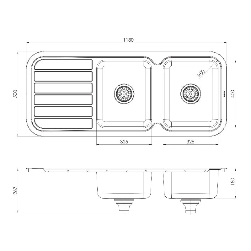 Phoenix 1000 Series Double Right Hand Bowl Kitchen Sink with Drainer - Stainless Steel - Image 3