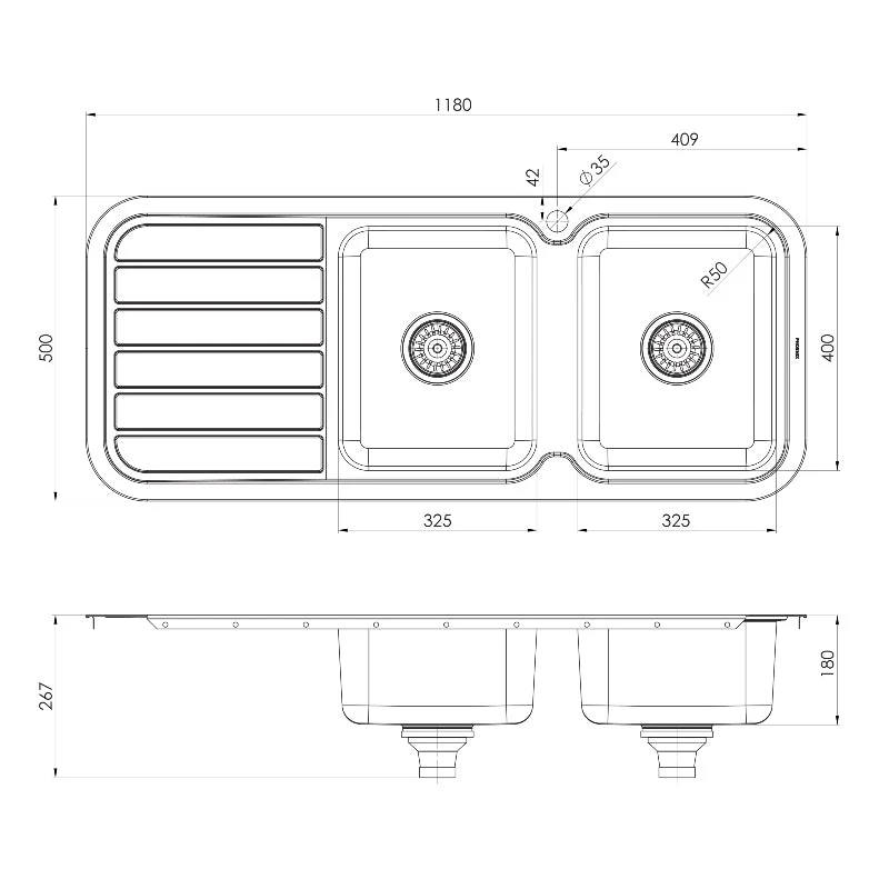 Phoenix 1000 Series Double Right Hand Bowl Kitchen Sink with Drainer - Stainless Steel - Image 4