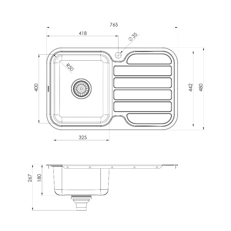 Phoenix 1000 Series Single Left Hand Bowl Kitchen Sink with Drainer - Stainless Steel - Image 3