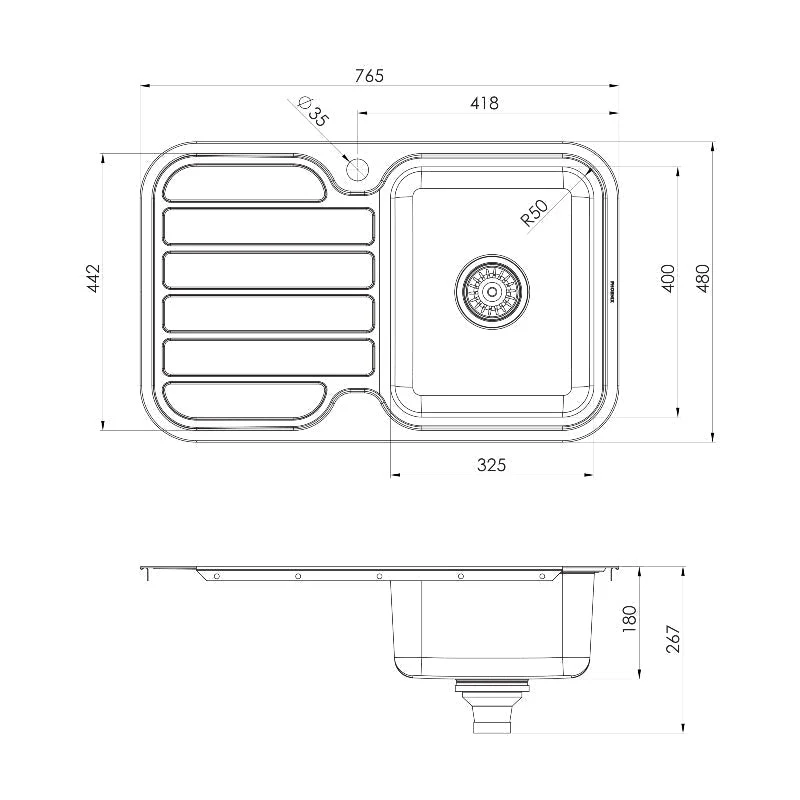 Phoenix 1000 Series Single Right Hand Bowl Kitchen Sink with Drainer - Stainless Steel - Image 3
