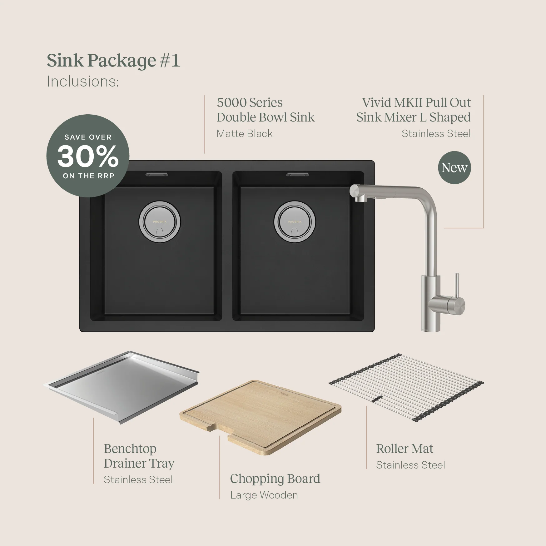 Phoenix 5000 Series Sink Package Black Matte - Includes Stainless Steel Gold Sink Mixer, Waste, Chopping Board & Roller Mat - Image 2
