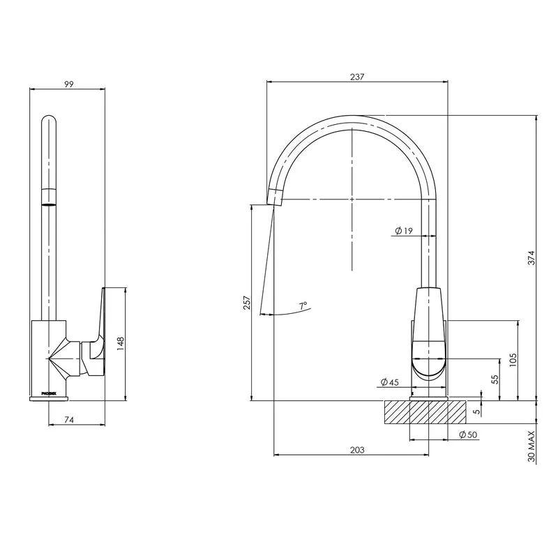 Phoenix Arlo Kitchen Sink Mixer Tap 200mm Gooseneck - Black Matte - Image 2