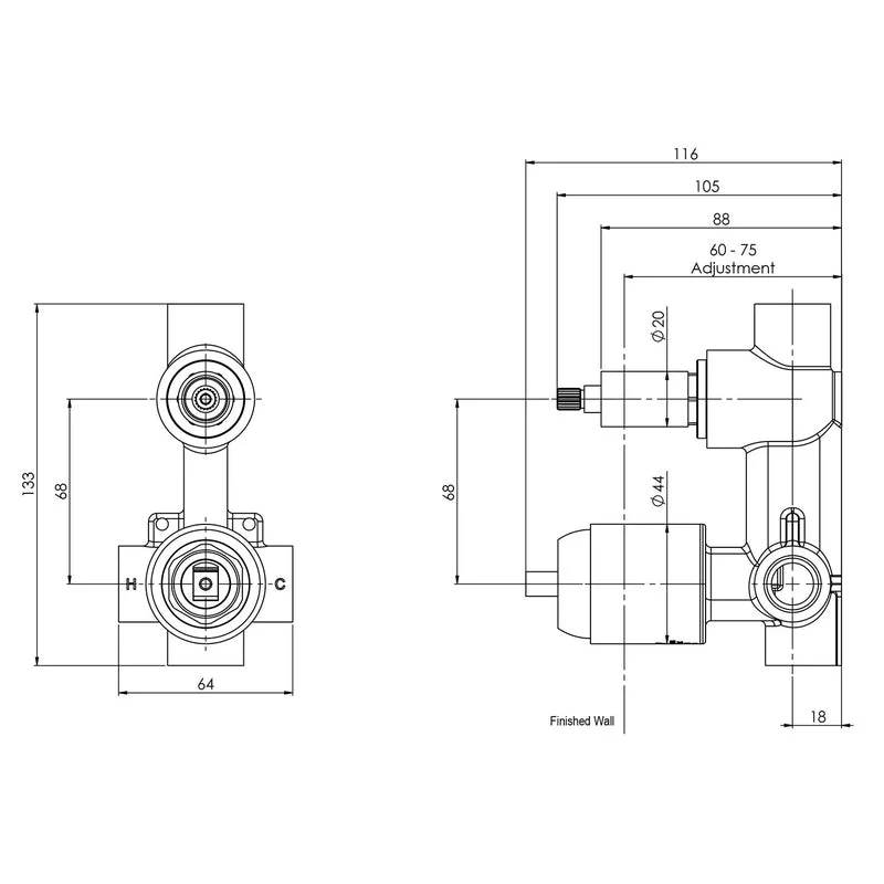 Phoenix Builders Shower / Bath Diverter Mixer Body Only - Brushed Nickel - Image 2