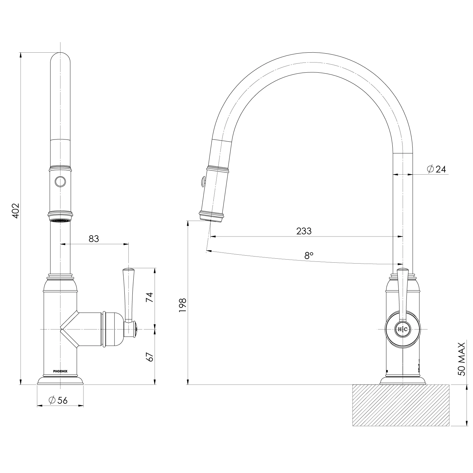 Phoenix Cromford Pull Out Sink Mixer 230mm – Lead Free - Brushed Nickel - Image 2
