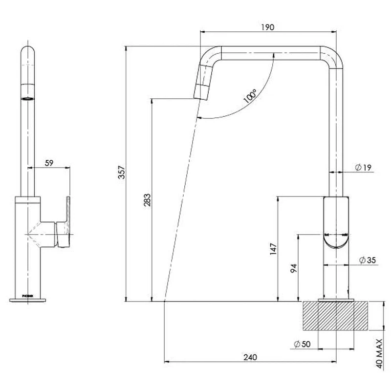 Phoenix Mekko Kitchen Sink Mixer Tap 190mm Squareline - Brushed Nickel - Image 2