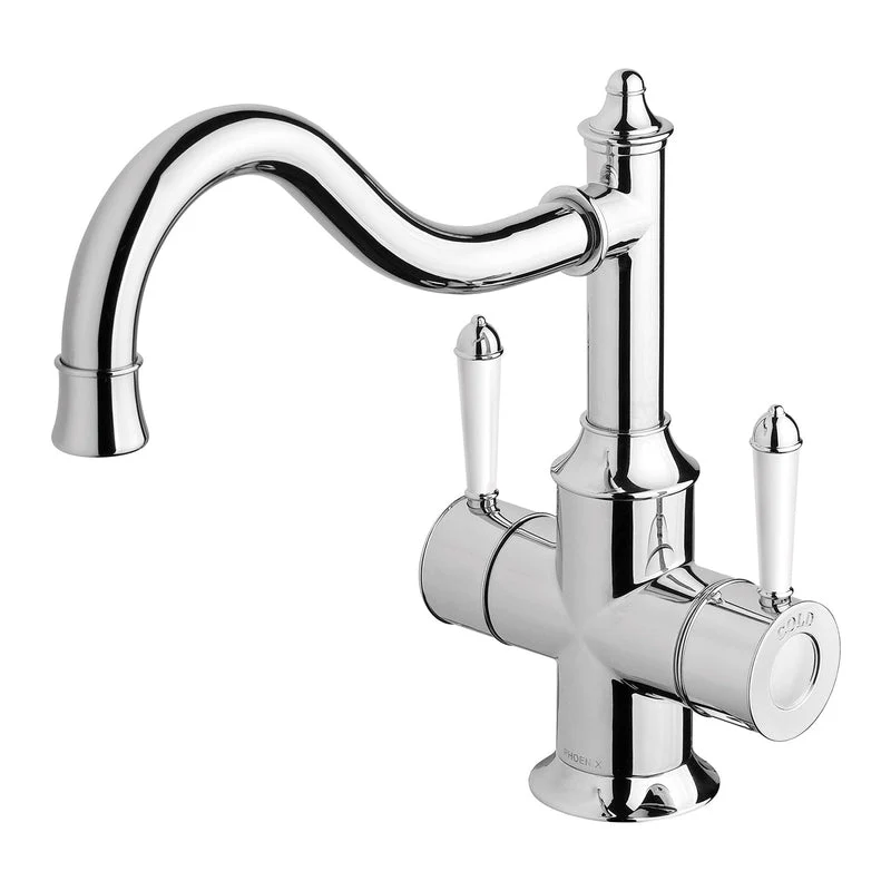 Phoenix Nostalgia Twin Handle Sink Mixer Tap 220mm Shepherds Crook - Chrome / Natural White