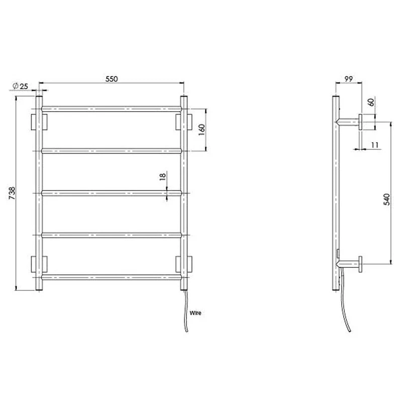 Phoenix Radii Heated Towel Ladder 550 x 740mm Square Plate - Black Matte - Image 2
