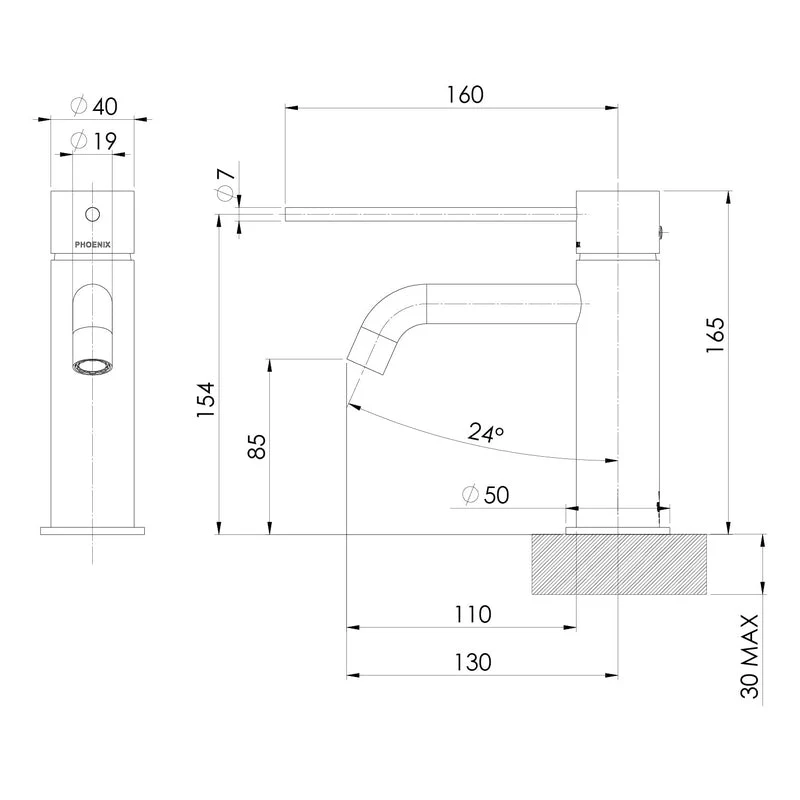 Phoenix Vivid Slimline Basin Mixer Curved Outlet with Extended Lever - Chrome - Image 3