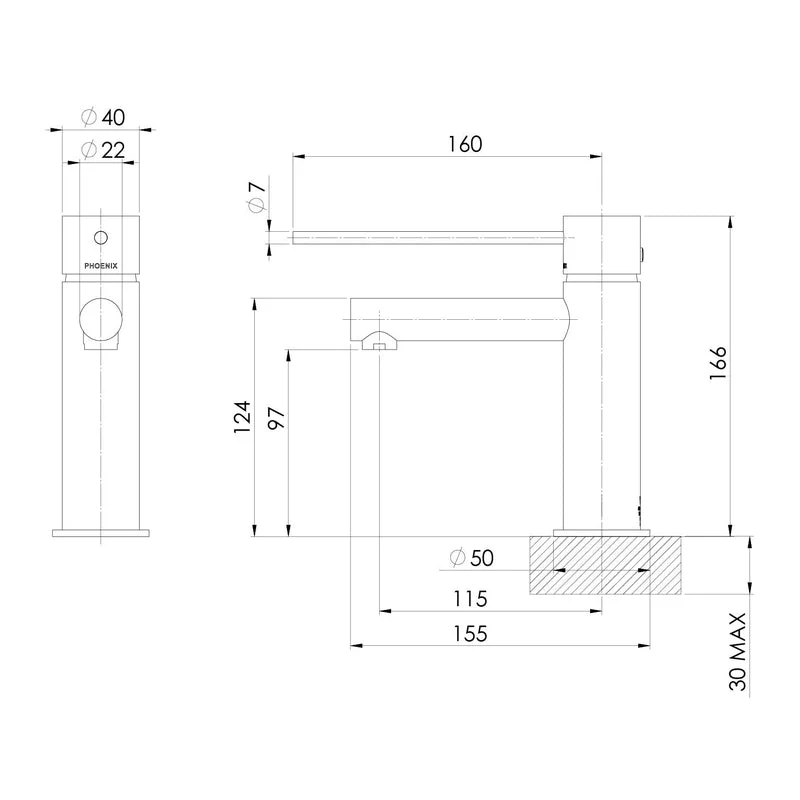 Phoenix Vivid Slimline Basin Mixer Tap with Extended Lever - Brushed Nickel - Image 2