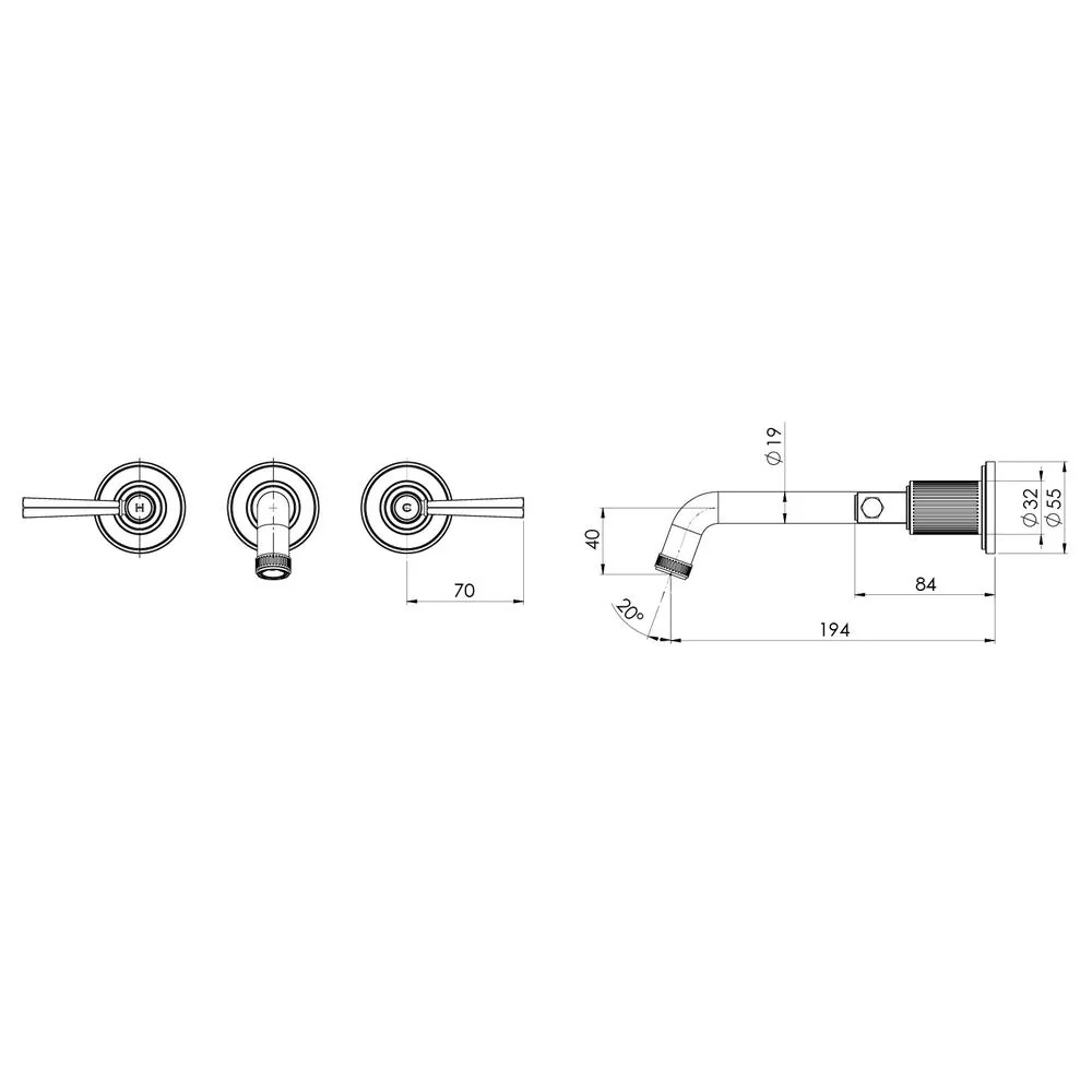 Phoenix Wiltern Wall Basin / Bath Tap Set 190mm - Brushed Nickel - Image 2