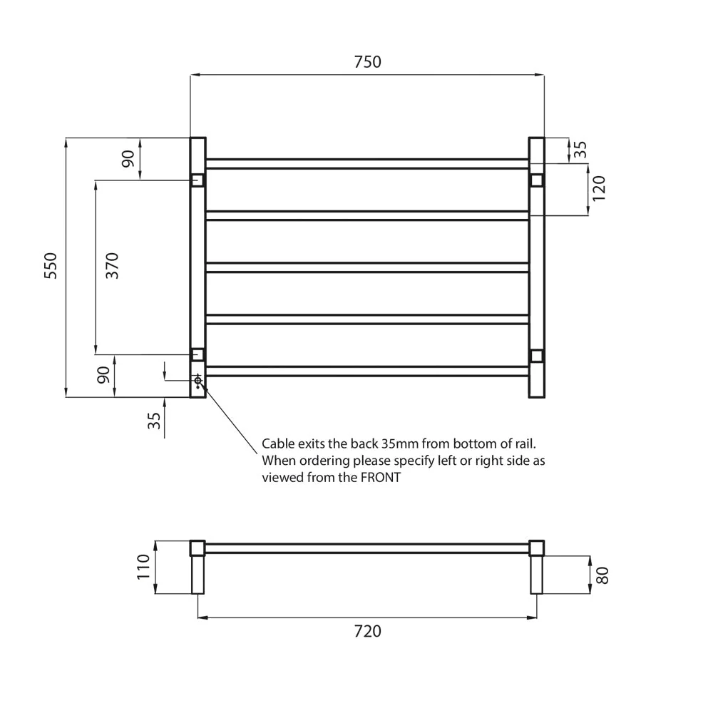 Radiant Heated Square Ladder 750 x 550mm - Matt Black - Image 3