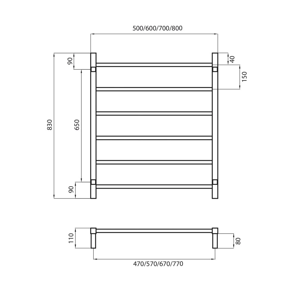 Radiant Non-Heated Square Ladder 700 x 830mm - Matt Black - Image 3