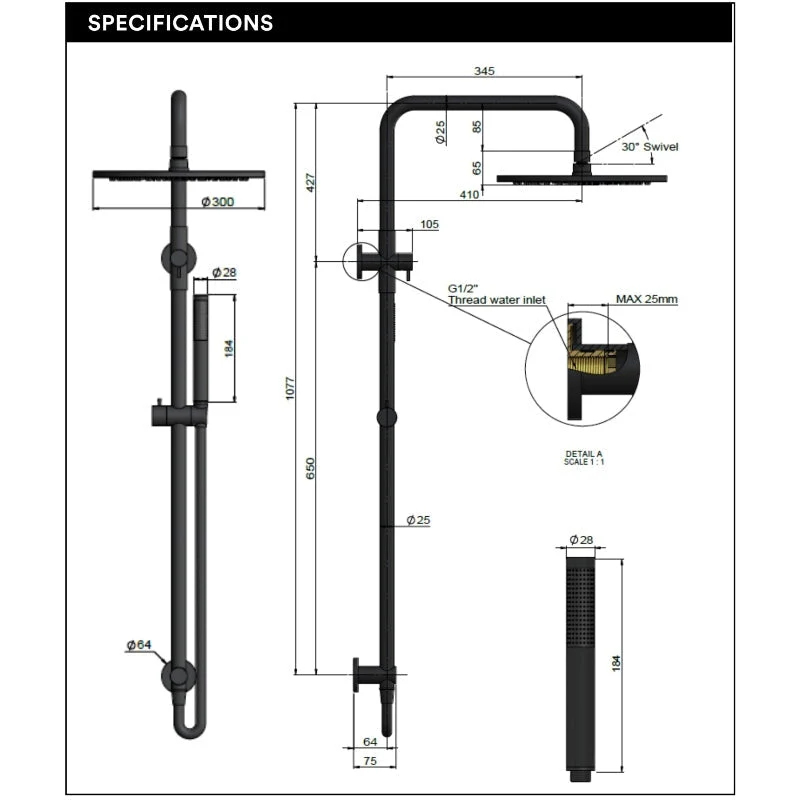 Meir Round Combination / Twin Shower Rail 300mm Rose Single Function Hand Shower - PVD Tiger Bronze - Image 4