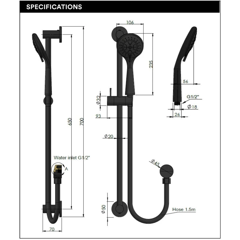 Meir Round Three Function Hand Shower on Rail Column - Black Matte - Image 4