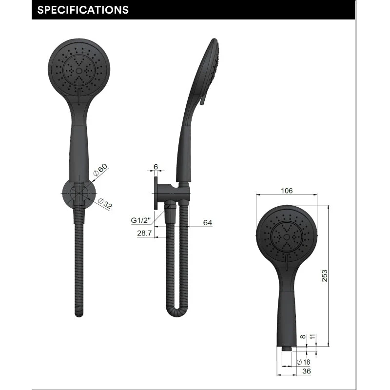 Meir Round Three Function Hand Shower on Fixed Bracket - Shadow Gun Metal - Image 4