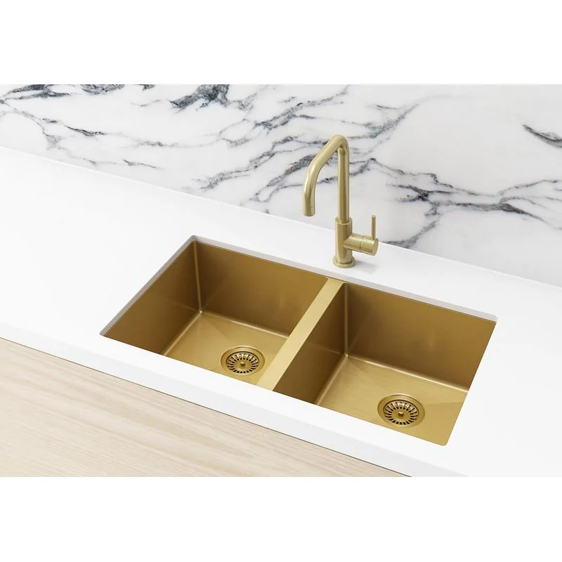 Meir Lavello Kitchen Sink Double Bowl 760 x 440 - Brushed Bronze Gold