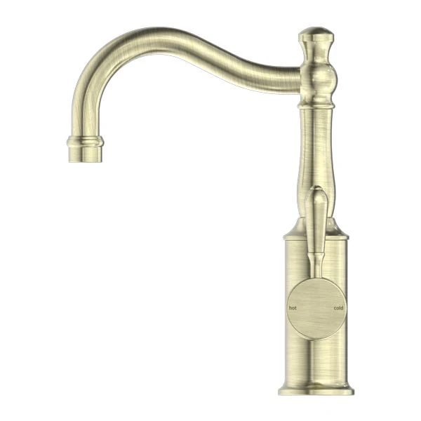 Nero York Basin Mixer Hook Spout With Metal Lever - Aged Brass - Image 3