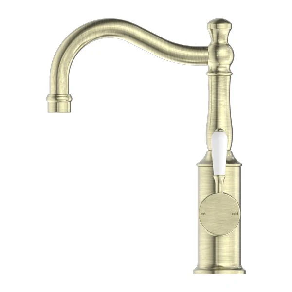 Nero York Basin Mixer Hook Spout With White Porcelain Lever - Aged Brass - Image 3