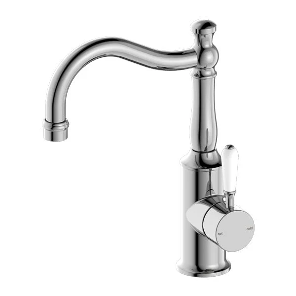Nero York Basin Mixer Hook Spout With White Porcelain Lever - Chrome