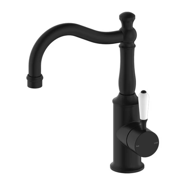 Nero York Basin Mixer Hook Spout With White Porcelain Lever - Black Matte
